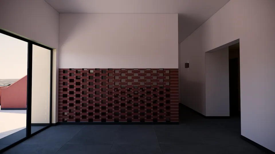 Rendered upper room: a low brick jali wall, a dark stone floor and a glass door to the terrace parapet