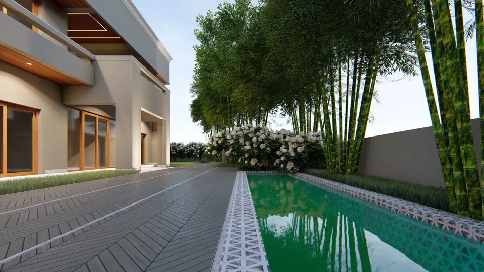 Rendered lap pool with a patterned tile edge beside a deck, a bamboo screen and flowering shrubs along the wall
