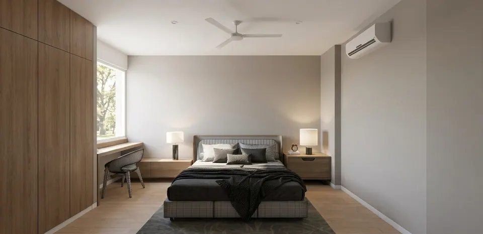 Rendered bedroom with full-height oak wardrobes, a writing desk under the window and a grey bed