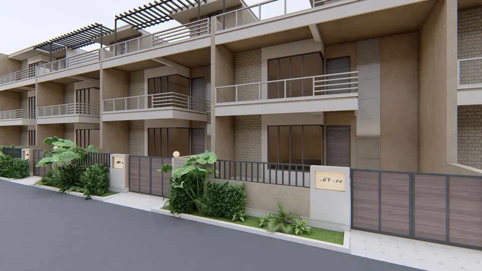Rendered street of three-storey row houses with balconies, pergolas and slatted gates behind low planted walls