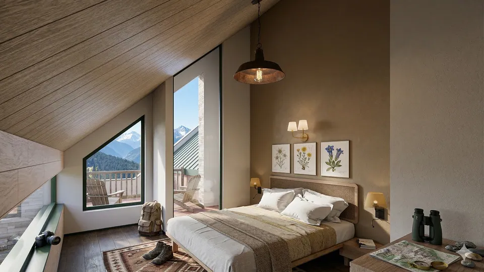 Rendered attic bedroom: a sloping timber ceiling, a triangular window and a glazed door to a balcony with mountain views