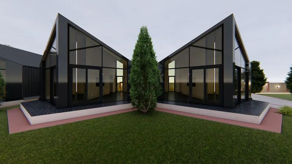 Rendered pair of black gabled pavilions with glazed ends facing each other across a lawn, a cypress between them