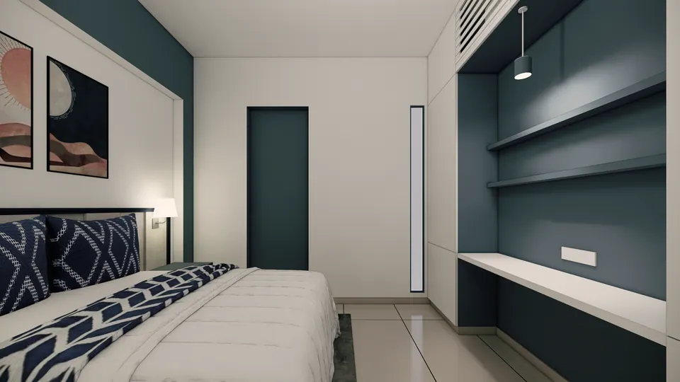 Rendered second bedroom: navy and white bedding, abstract moon prints and a teal study niche with shelves