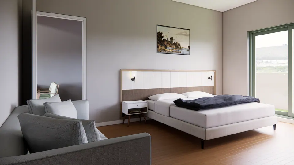 Rendered bedroom: a bed against a wide fabric-panelled headboard with wall lights, a grey sofa and a sliding door to a balcony