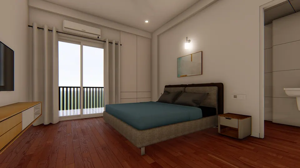 Rendered bedroom with a timber floor, a double bed and a glazed balcony door, the en-suite beyond