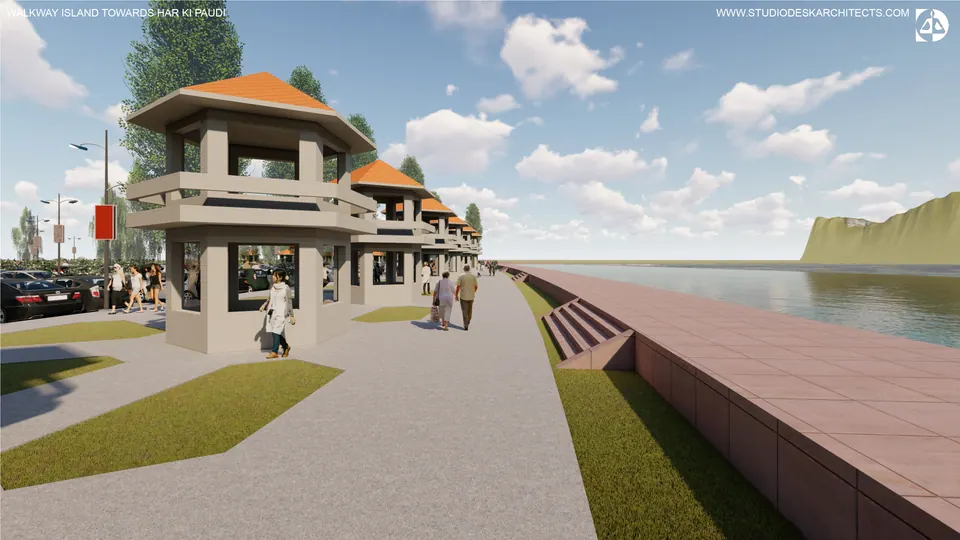 Rendered river-front walkway lined with kiosks under orange roofs, steps down to the water on the right
