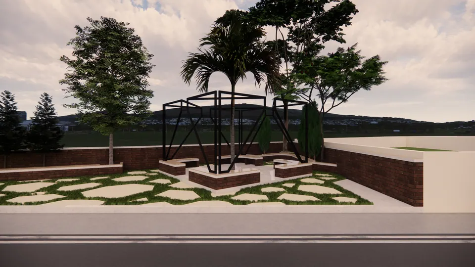 Rendered park with a geometric steel frame over brick seating, palms and stepping stones in a lawn