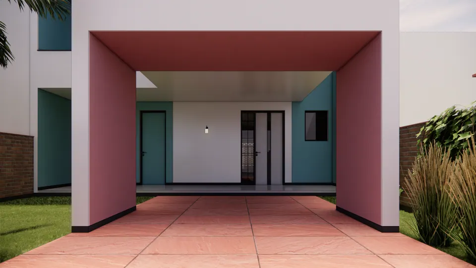 Rendered entrance: a white portal lined in dusky pink over a red stone path to the front door, with teal walls and brick boundary walls