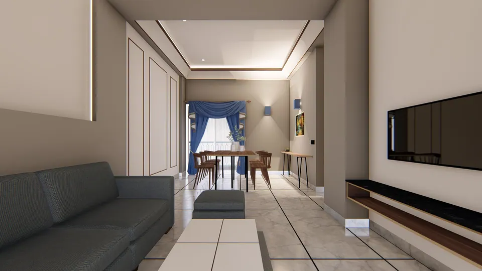 Rendered living room with a grey sofa and a long TV console, a dining area beyond by a curtained window