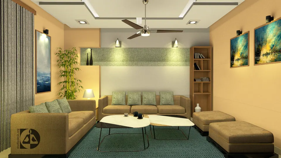 Rendered living room with tan sofas around oval white tables, a teal rug, built-in shelves and paintings