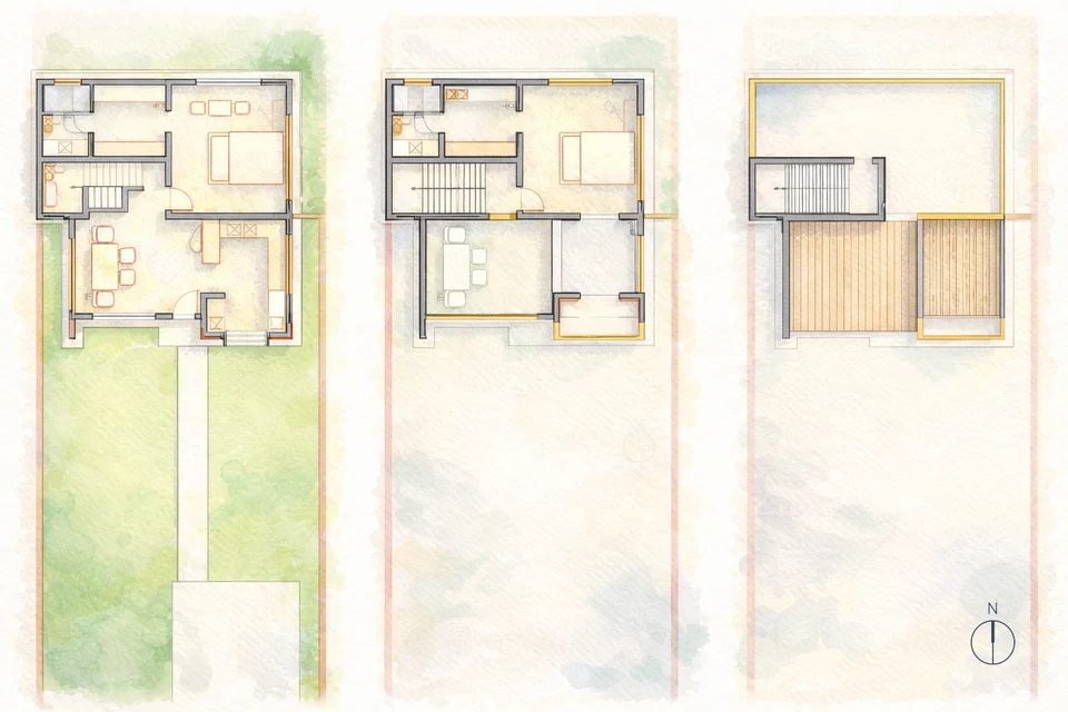 Watercolour-style plans of three levels on a long narrow plot: rooms around the stair, a front lawn with a path and a roof terrace