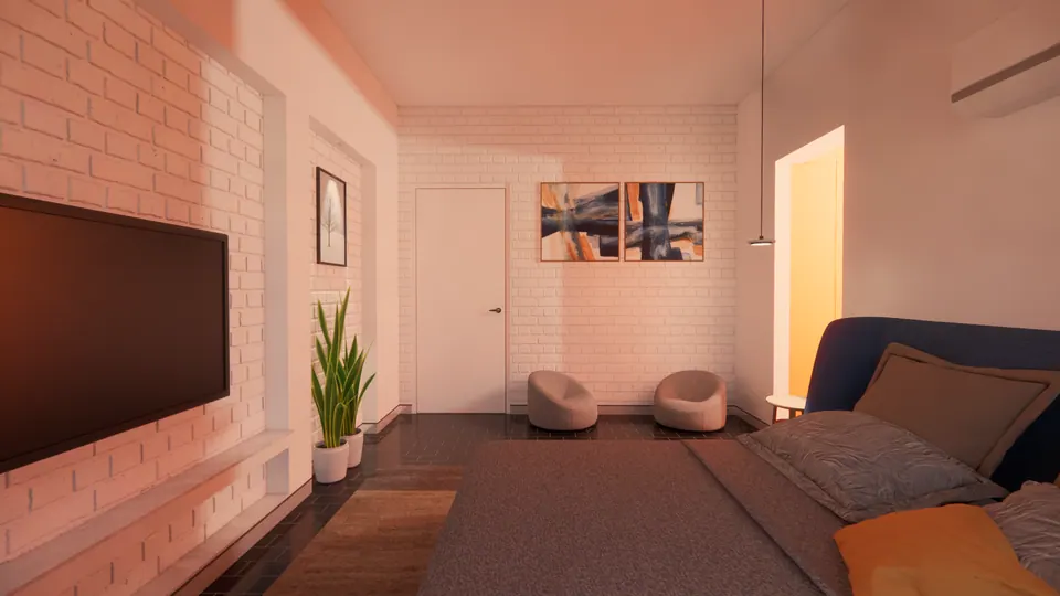 Rendered bedroom with white brick walls, a wall-mounted TV, two pouf chairs and abstract prints