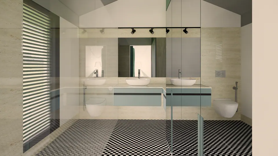 Rendered bathroom with a black and white chequered floor, glass partitions, a long vanity with basins and track lights