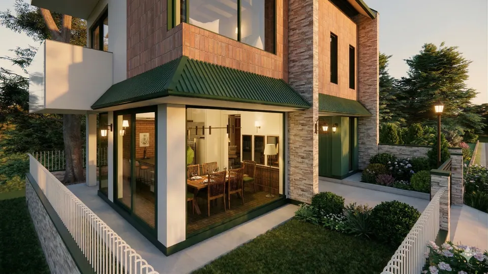 Rendered corner garden at dusk: a glazed corner dining room under a green metal canopy, brick and stone walls and a white railing