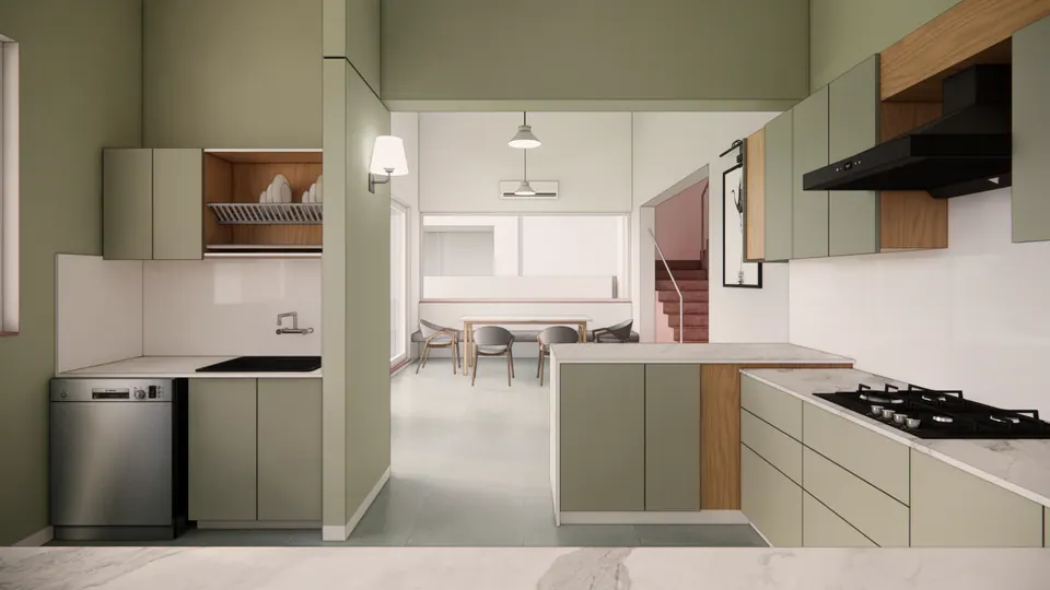 Rendered kitchen: sage-green units with timber accents, a black hood, a dishwasher and a view through to the dining area