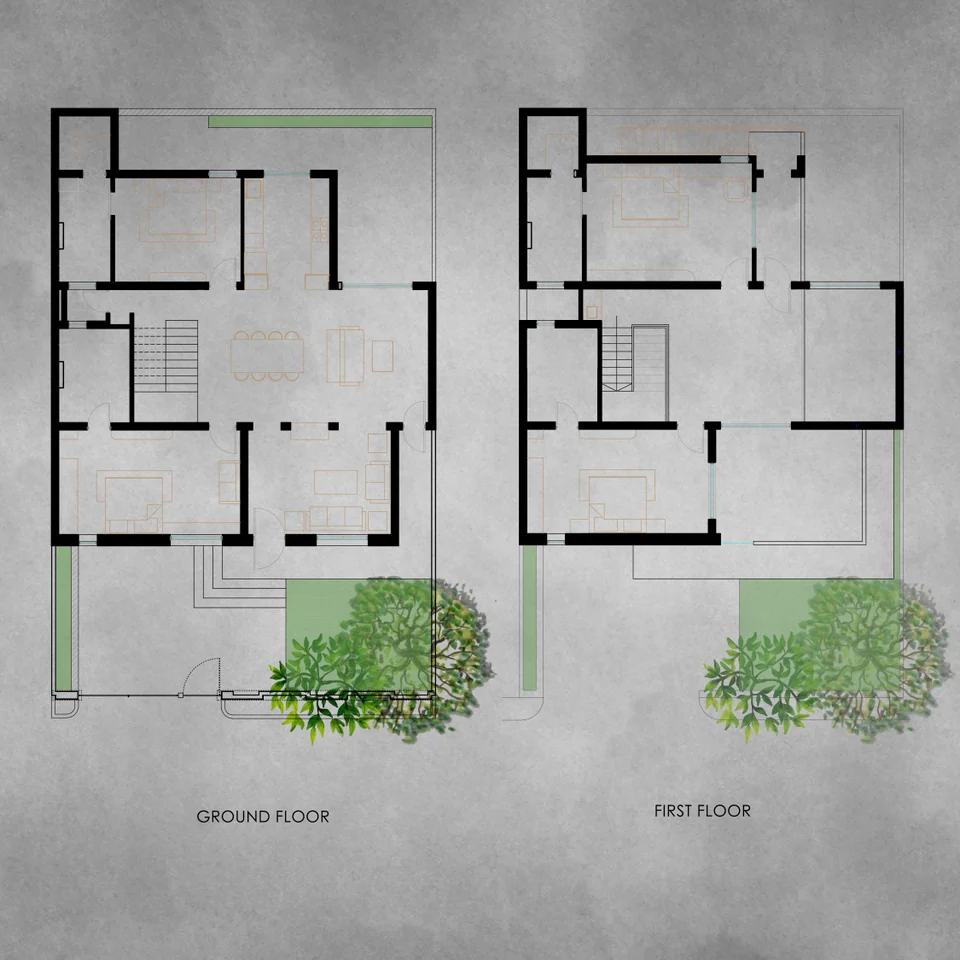 Ground and first floor plans on a grey textured ground: a central stair with rooms around it and a front lawn with a tree