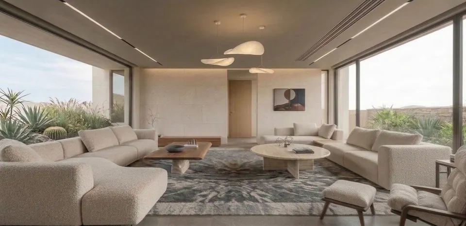 Rendered living room: two cream sofas around low timber tables under sculptural pendants, with glass walls onto a dry garden