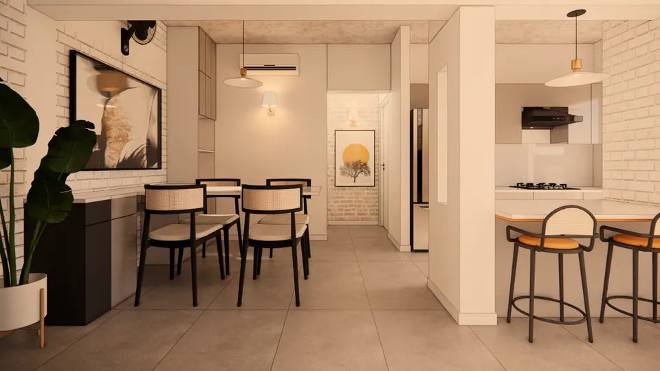 Rendered dining area: a table with black chairs beside a breakfast counter, white-painted brick walls and the open kitchen