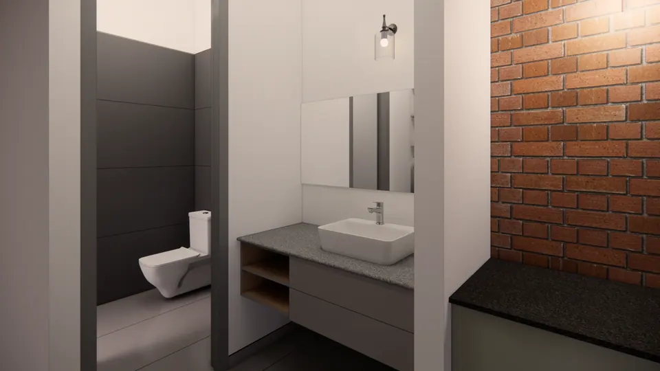 Rendered bathroom with a vessel basin on a grey counter, a mirror, a WC and a brick wall