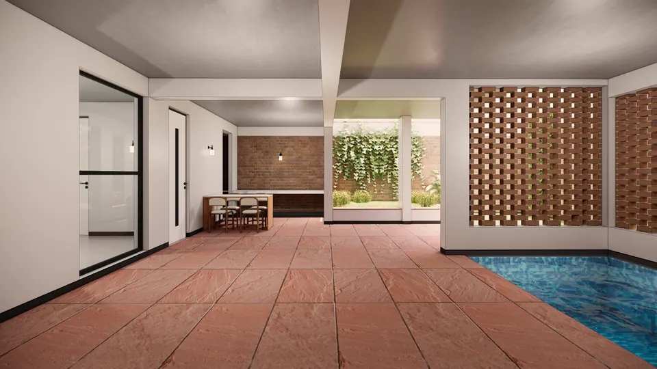 Rendered verandah along the pool edge: a brick jali screen, glazed doors into the house and a dining table by a brick wall