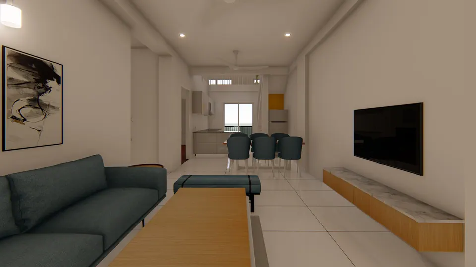 Rendered long living room with a teal sofa and TV console, the dining table and kitchen at the far end
