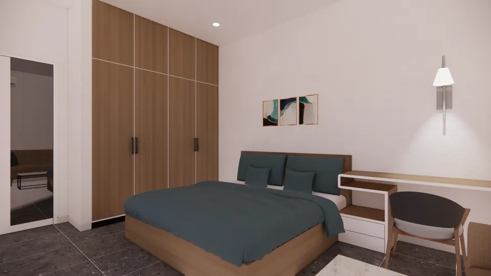 Rendered hostel room with a timber wardrobe wall, double bed, study desk with chair and a mirrored door