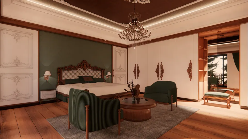 Rendered bedroom: a carved bed with a tufted headboard, green tub chairs at a round table and wardrobes with carved timber pulls