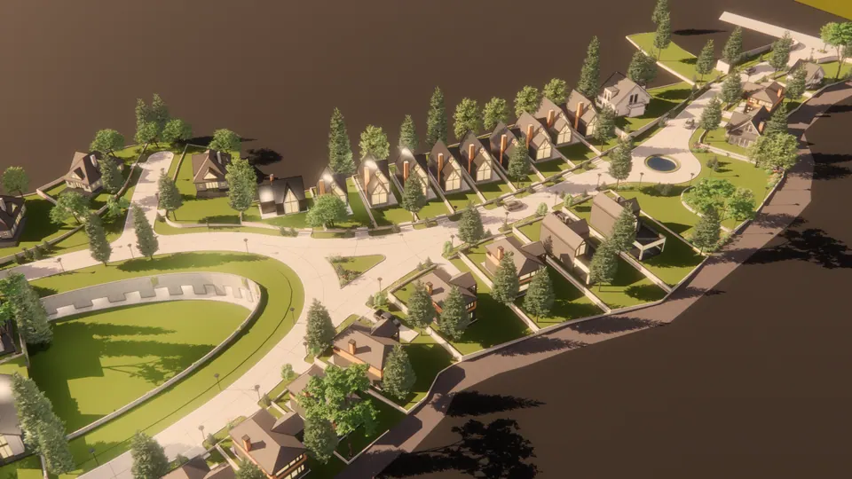Rendered aerial of gabled houses lining a curving road and a sunken oval lawn, a circular pond at the far end