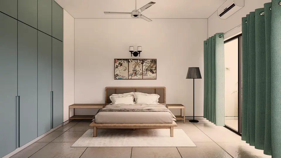 Rendered bedroom with full-height sage wardrobes, a timber bed under a floral print and green curtains