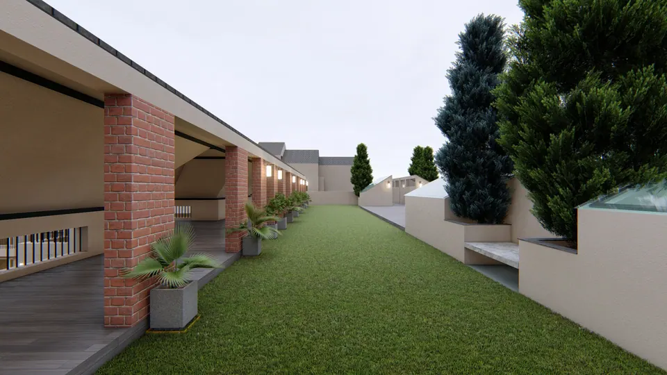 Rendered lawn between the brick colonnade and raised planters with conifers