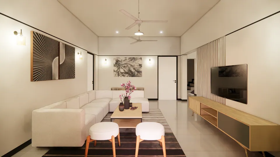 Rendered living room: the cream sofa and a coffee table with magnolia facing a long timber TV console, with the stair glimpsed beyond