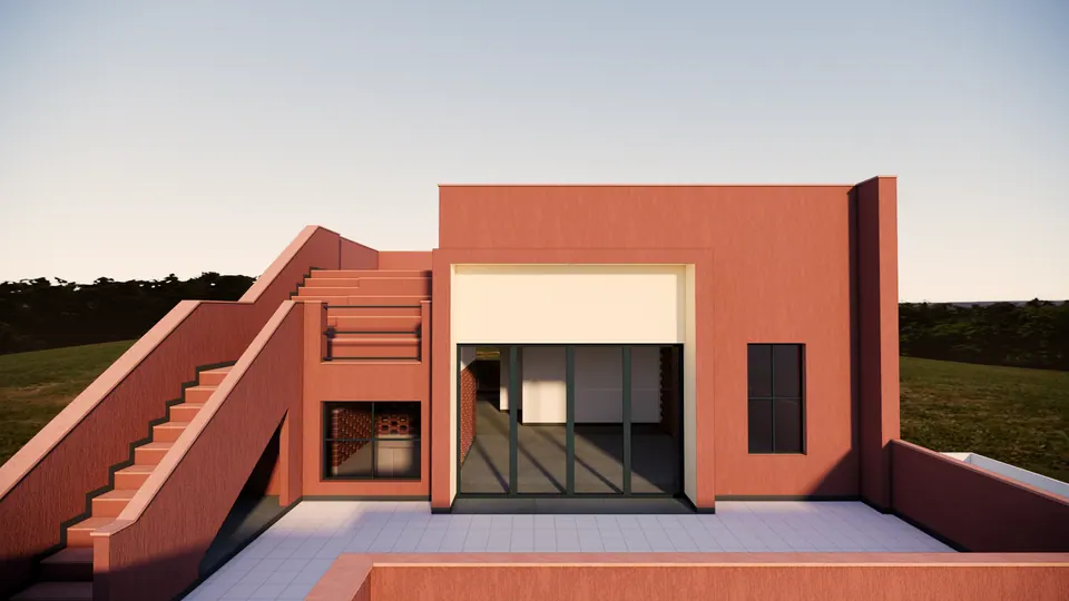Rendered roof terrace: a terracotta stair climbing the side wall to an upper terrace, and a room with glazed folding doors