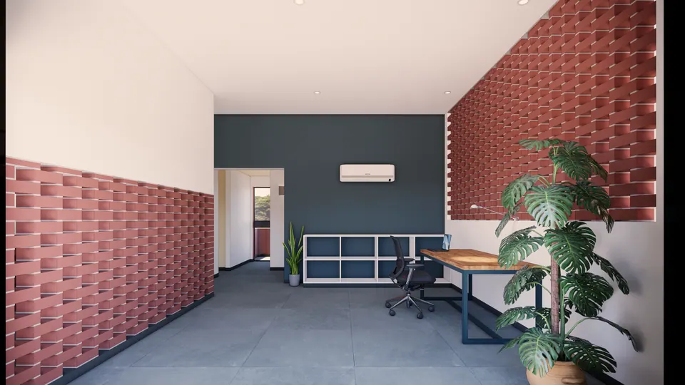 Rendered study: brick jali walls in terracotta, a teal back wall, a timber desk with a chair and a large plant