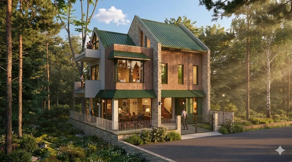 Rendered view of the three-storey cottage: brick and stone walls, green metal gables, verandahs with figures, in a pine forest at sunset