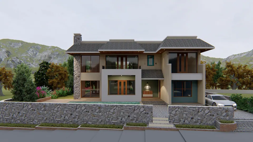 Rendered two-storey house behind a random-stone retaining wall, with hipped dark roofs, a stone chimney and hills behind