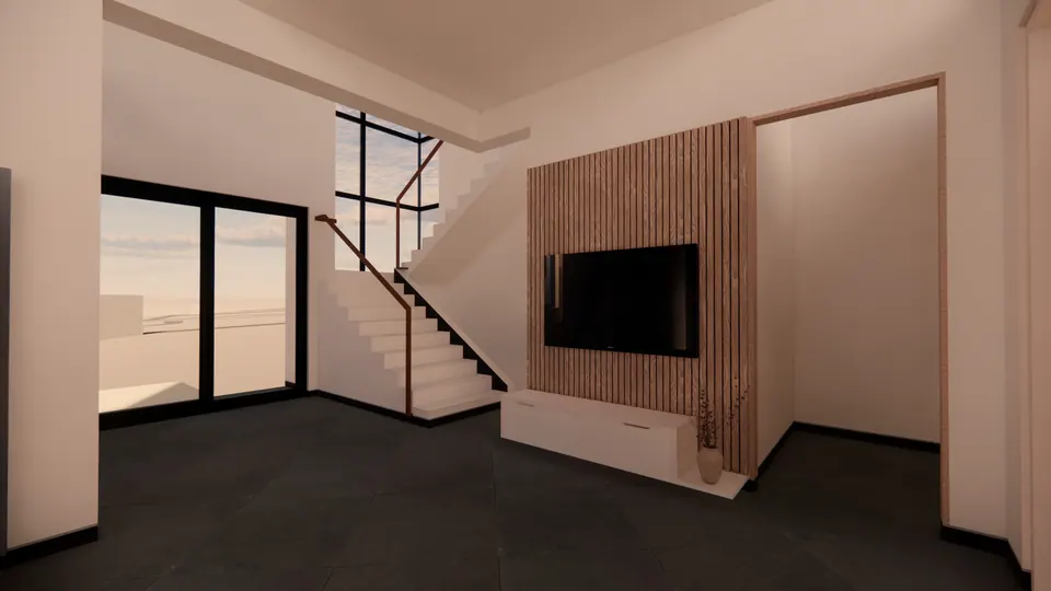 Rendered living room: a screen on a slatted timber wall, the stair against a tall glazed window and sliding doors