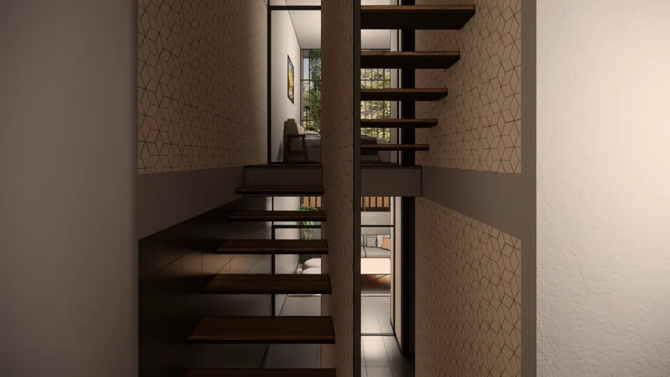 Rendered floating stair with timber treads in a narrow stairwell, rising past a steel frame