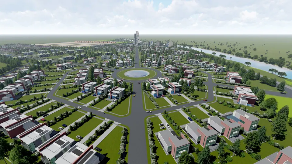 Rendered aerial along a central avenue from a roundabout to a tall tower, houses fanning out beside a river