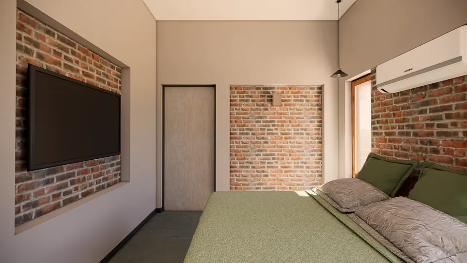 Rendered bedroom: a TV set into an exposed-brick wall, olive-green bedding and a brick panel by the door