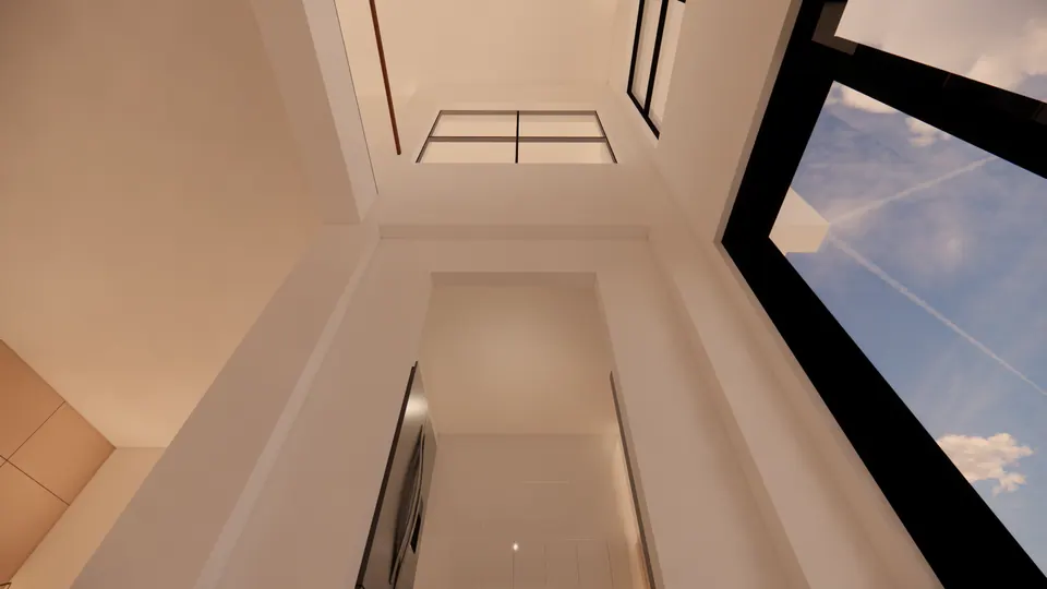 Rendered view up a light well to a skylight, with an angled black-framed window and sky