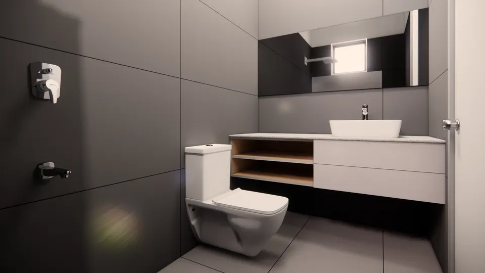Rendered bathroom with a vessel basin on a floating vanity, a long mirror and a WC, in grey tiles