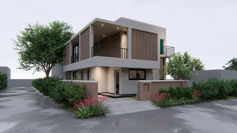 Rendered corner view of the house: perforated brick screens, a recessed balcony, brick boundary walls and planting
