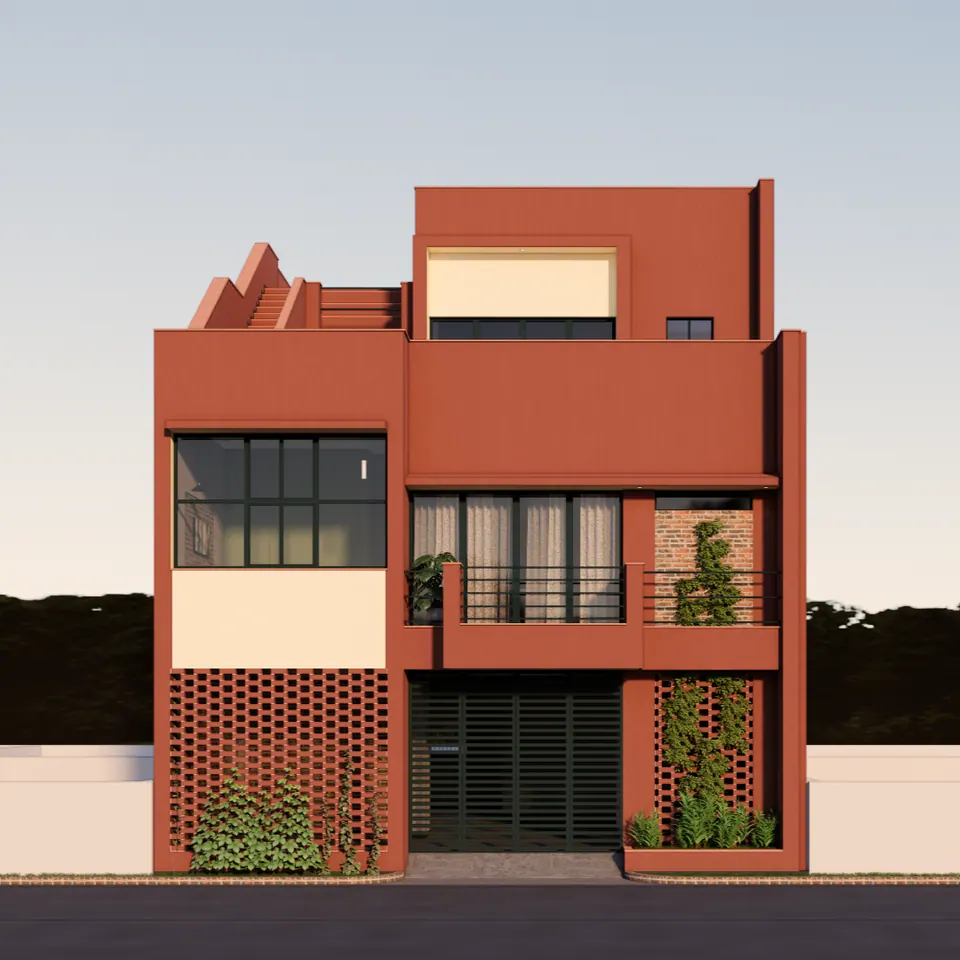 Rendered front at dusk: the terracotta facade with brick jali panels, a railed balcony and a roof-top stair against the evening sky