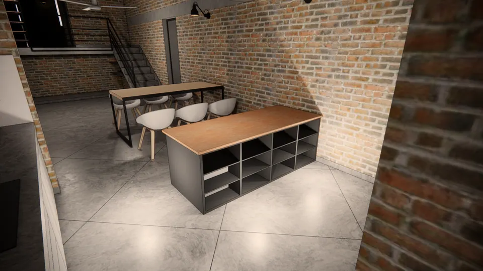 Rendered dining area with white chairs at a long table beside a black storage island, exposed brick walls