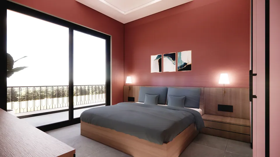 Rendered bedroom with coral-red walls, a timber headboard, wall lamps and glazed doors to a balcony with a hill view