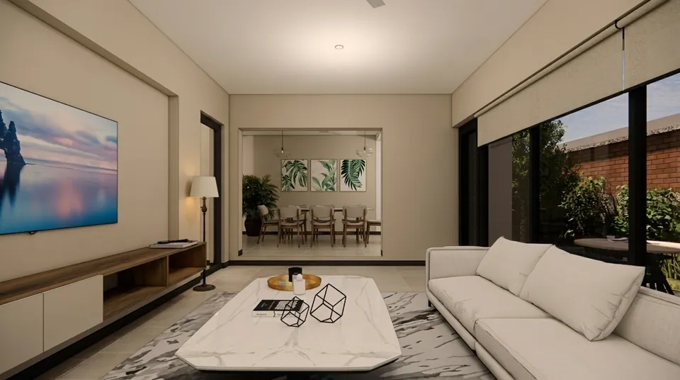 Rendered living room looking through a wide opening to the dining room, with a marble coffee table and glass doors to the garden