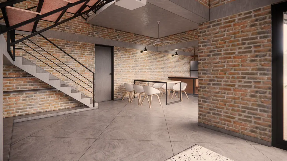 Rendered dining area with white chairs beside a concrete stair, exposed brick walls and a grey floor