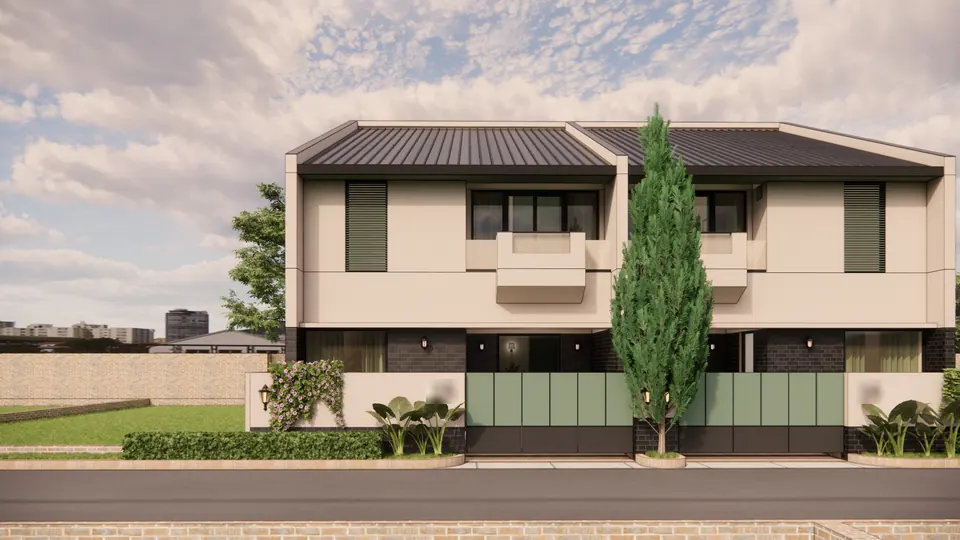Rendered street front of two mirrored two-storey duplex units: dark metal roofs, beige walls, box balconies and a cypress between
