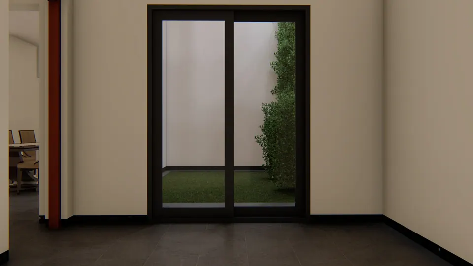 Rendered room with a black-framed sliding door opening onto a narrow planted court