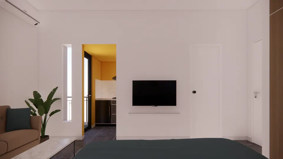 Rendered view from the bed to the TV wall, entrance door and a yellow-lined opening to a kitchenette and balcony